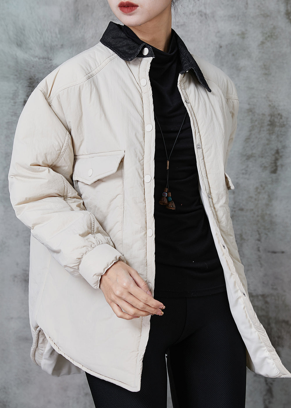 White Peter Pan Collar Pockets Fine Cotton Filled Jacket Spring