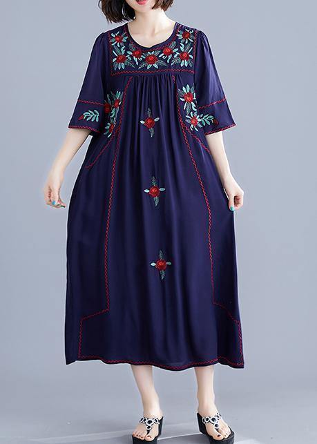 Handmade Navy Embroidery Cotton Clothes for O Neck Cinched Cotton Robes Summer Dress