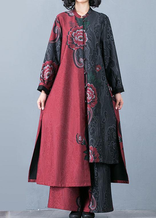 Autumn Large Size Retro Red Print Long Section Cardigan Top Loose Wide Leg Pants Two-piece Suit