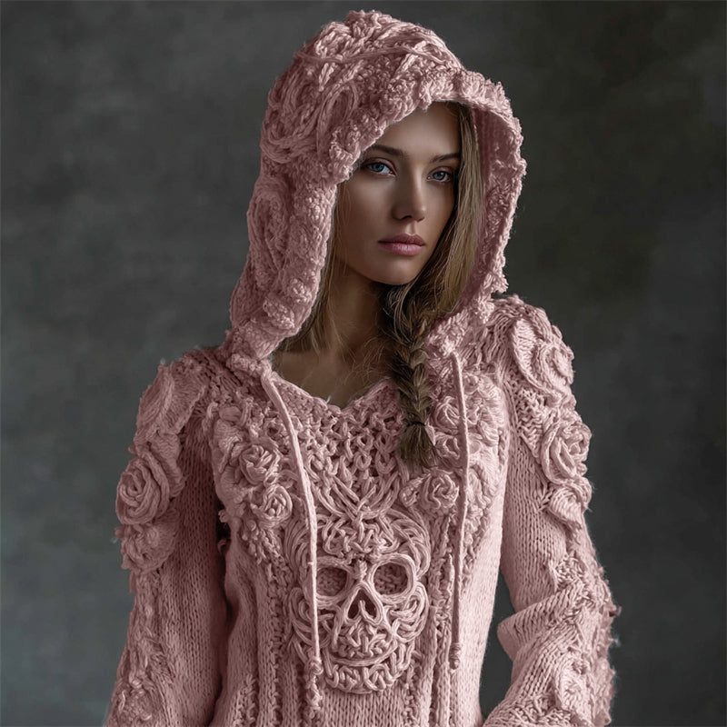 Vintage White Roses Viking Celtic Skull Hooded Cozy Knit Sweater artswardrobe