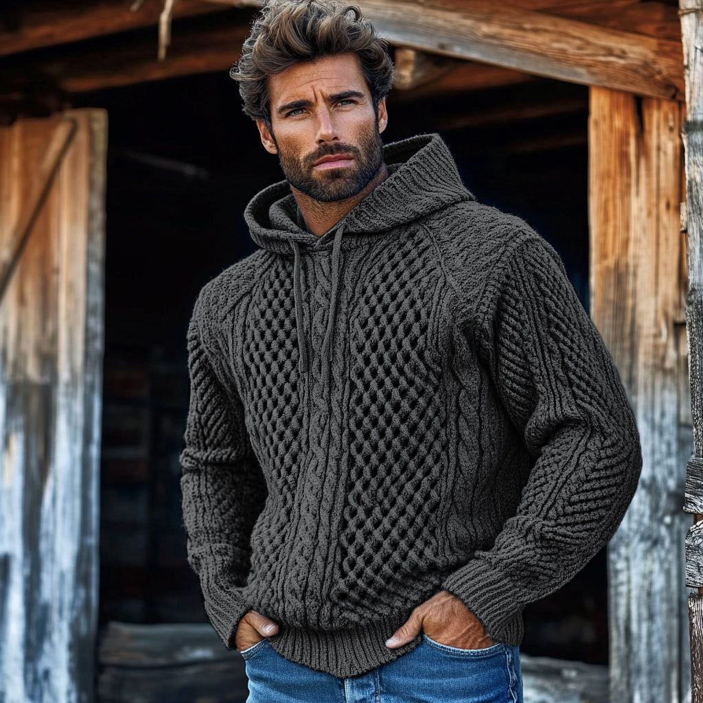 Men'S Waffle Knit Pattern Hooded Sweater elevenforest