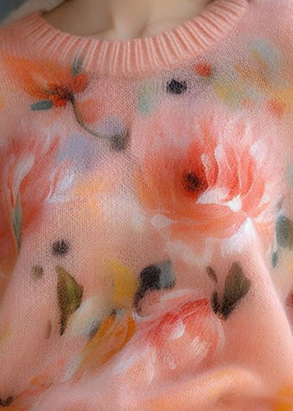 New Pink O Neck Thick Print Cotton Blendt Sweater Fall