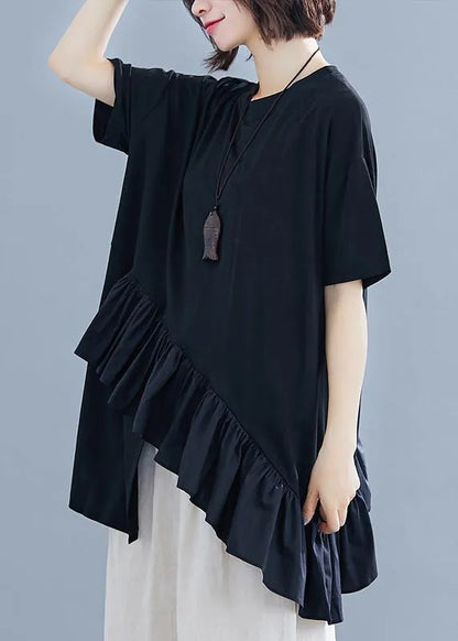 Black Cotton Clothes for Ruffles Asymmetric Midi Summer Blouses