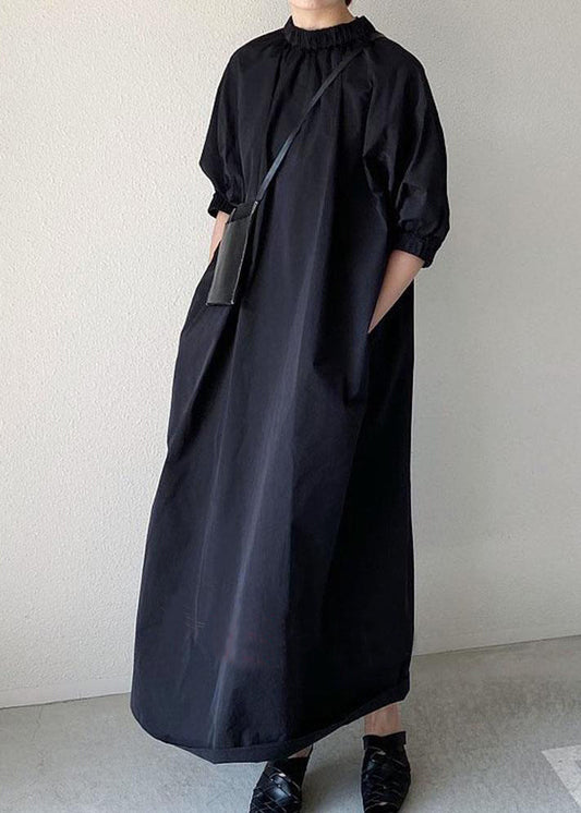 Navy Back Zippered Cotton Maxi Dress Half Sleeve