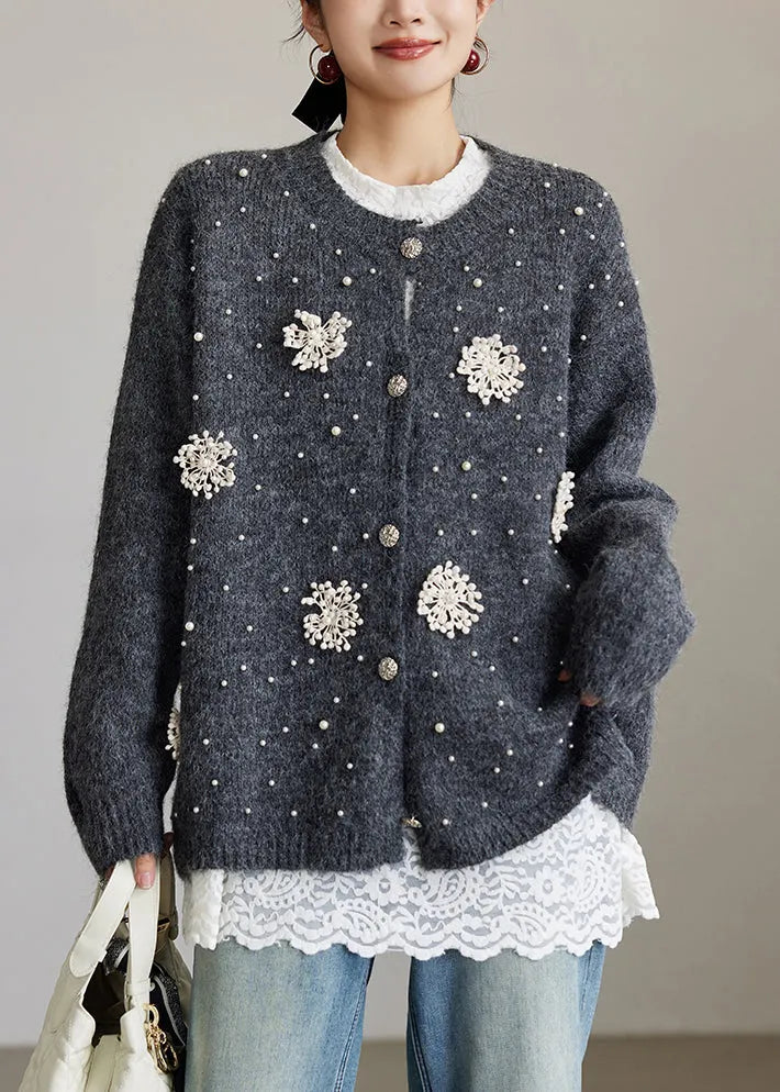 Handmade Dark Gray Button Nail Bead Knit Cardigan Spring