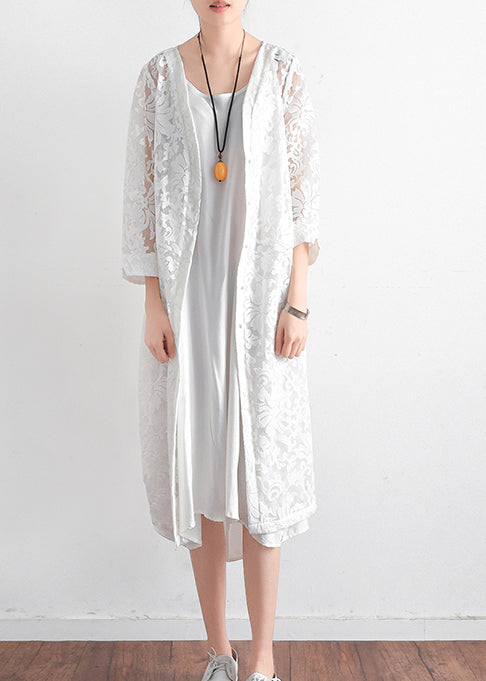 Diy White Lace Clothes Cotton V Neck Daily Summer Hollow Out Cardigan