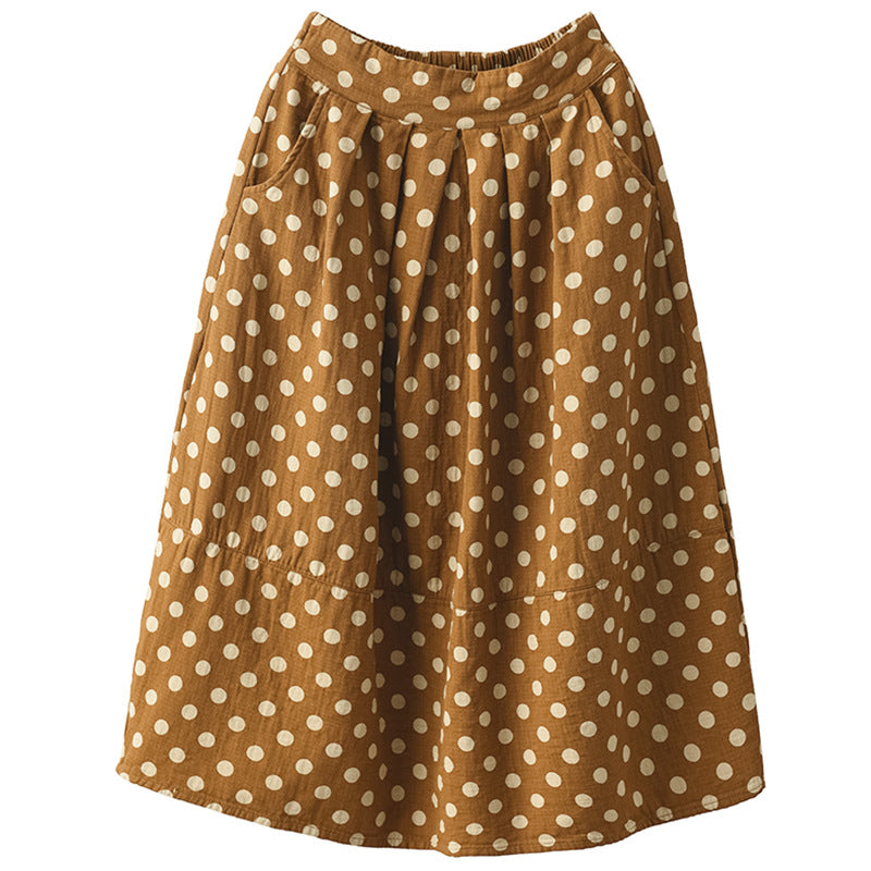Printed Cotton and Linen Slim Elastic Waist A-line Skirt