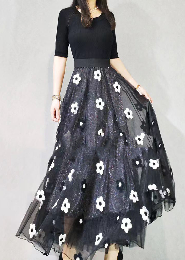 Black Embroidered Elastic Waist Tulle Skirt Spring