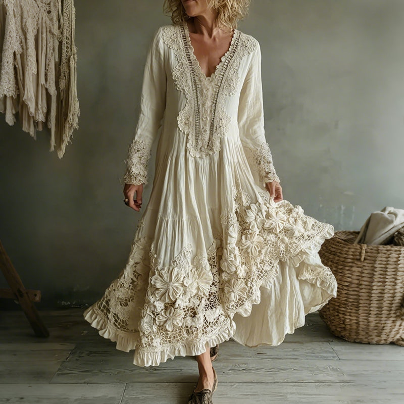 Women's Vintage Lace Floral Art Linen Flowy Maxi Dress elevenforest