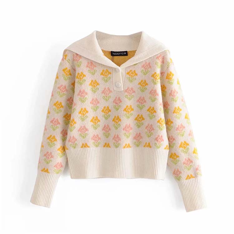 Retro Autumn Girl Sweet Temperament Two-color Flower Short Sweater Sweater 7163