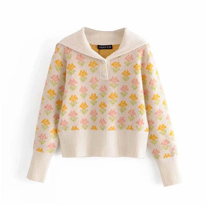 Retro Autumn Girl Sweet Temperament Two-color Flower Short Sweater Sweater 7163