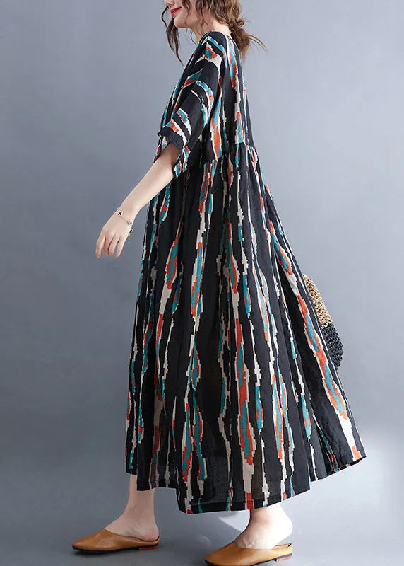 Black O-neck Print Long Dresses Half Sleeve