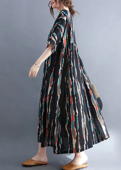 Black O-neck Print Long Dresses Half Sleeve