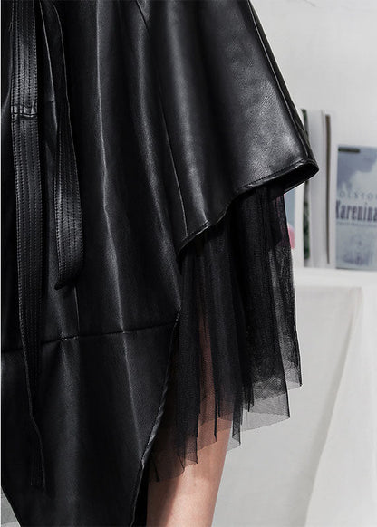 Simple Black Asymmetrical Patchwork Tulle Faux Leather Skirts Spring