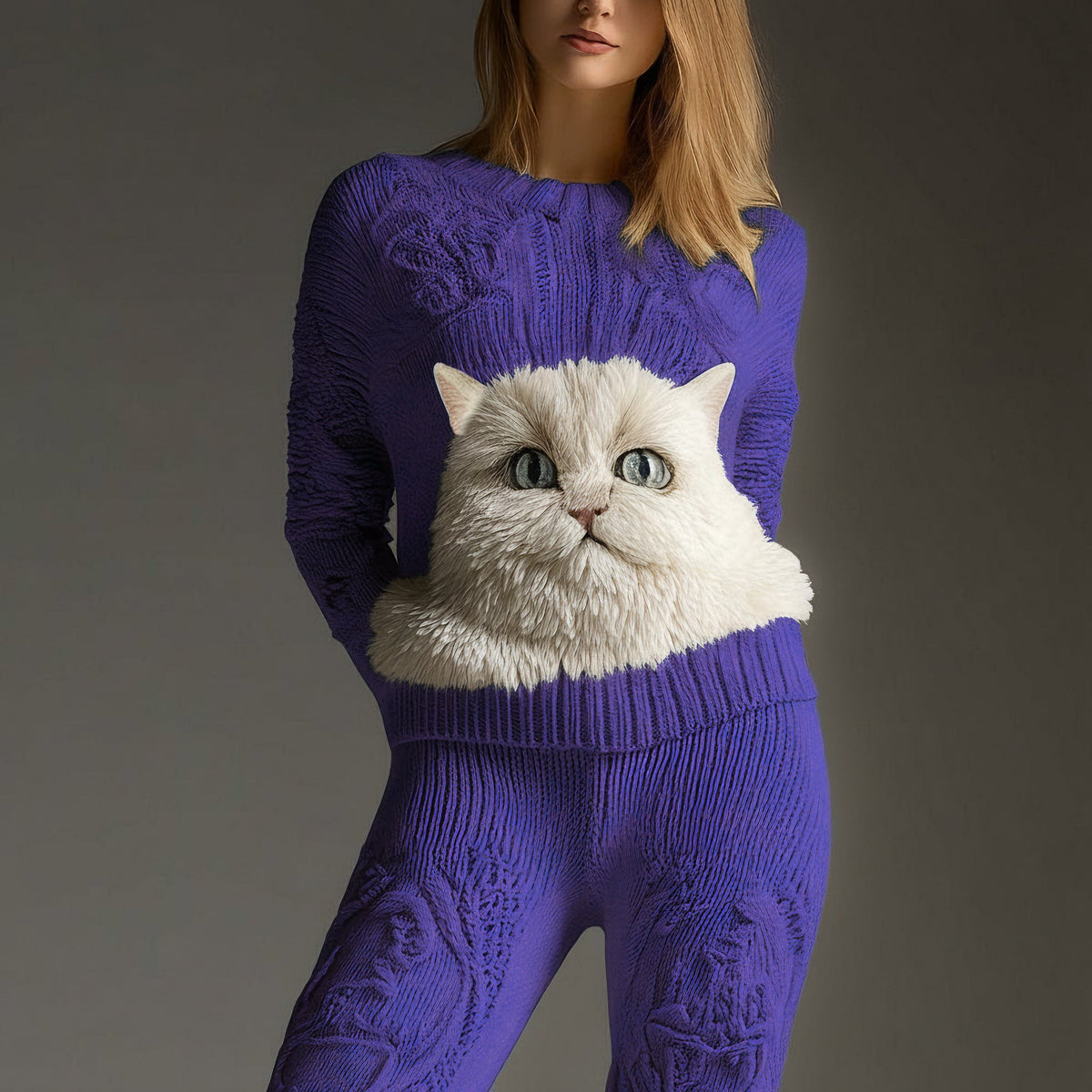 Comstylish Cute Fuzzy Cat Face Embroidered Cozy Knit Sweater