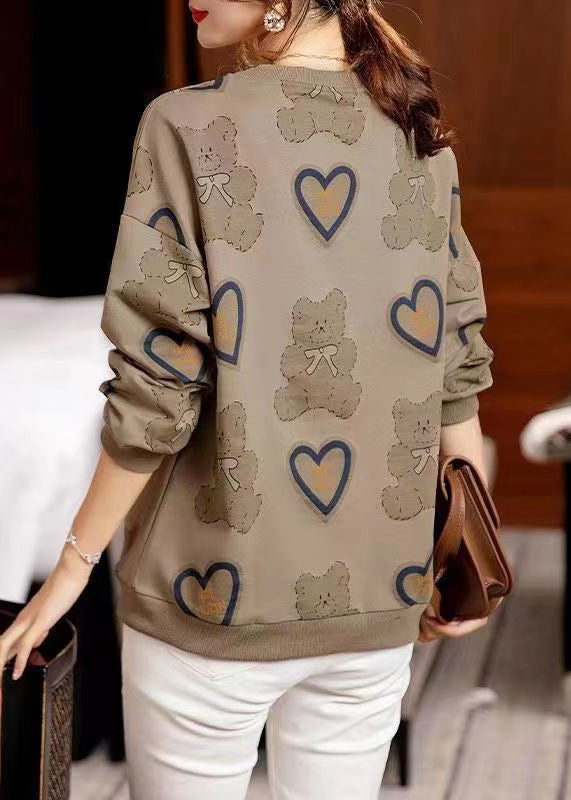 Coffee O Neck Print Patchwork Cotton Sweatshirt Fall