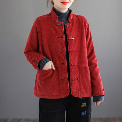 Stand Collar Corduroy Buckle Stripe Thermal Jacket