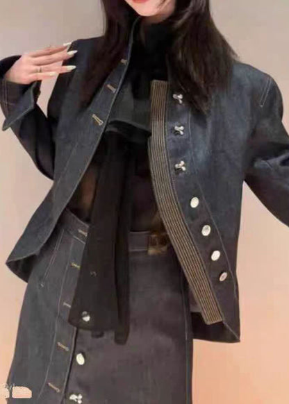 Blue Turtleneck Asymmetrical Patchwork Denim Coats and Skirts Two Pieces Set Spring