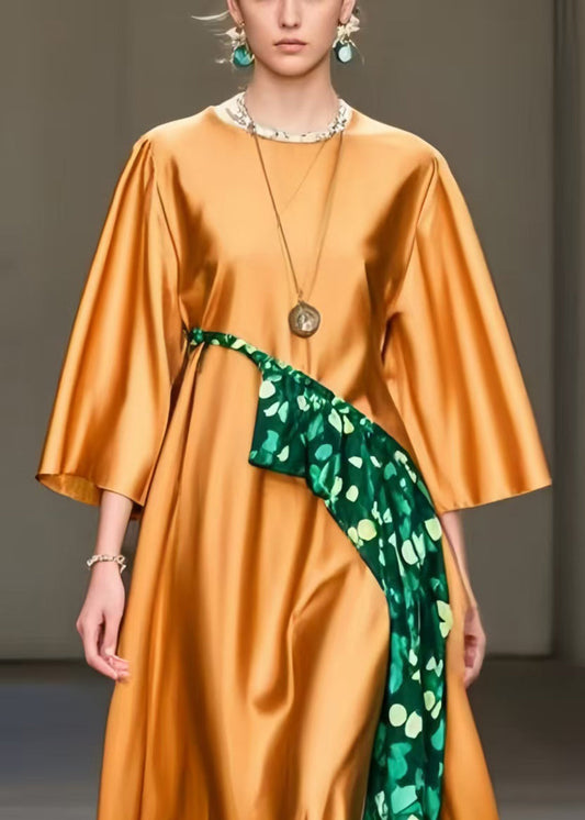Orange Oversized Print Silk Maxi Dresses Spring