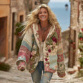 Women's Vintage Patchwork Floral Art Cozy Knitted Zip-up Hoodie elevenforest