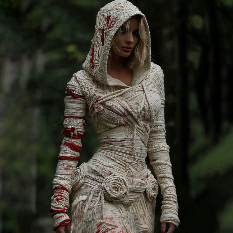 Women's Halloween Muscle Anatomy Bandage With Rose Art Cozy Knit Hooded Sweater Dress elevenforest