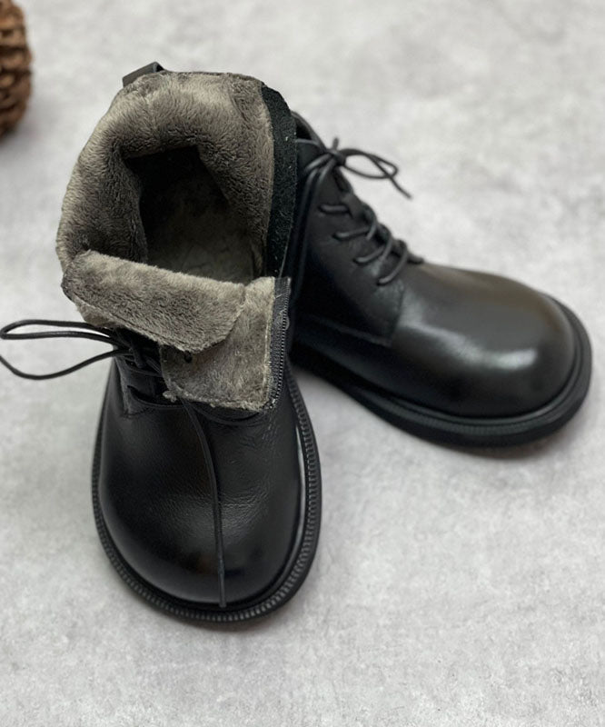 Chocolate Boots Cowhide Leather Warm Fleece Lace Up Boots