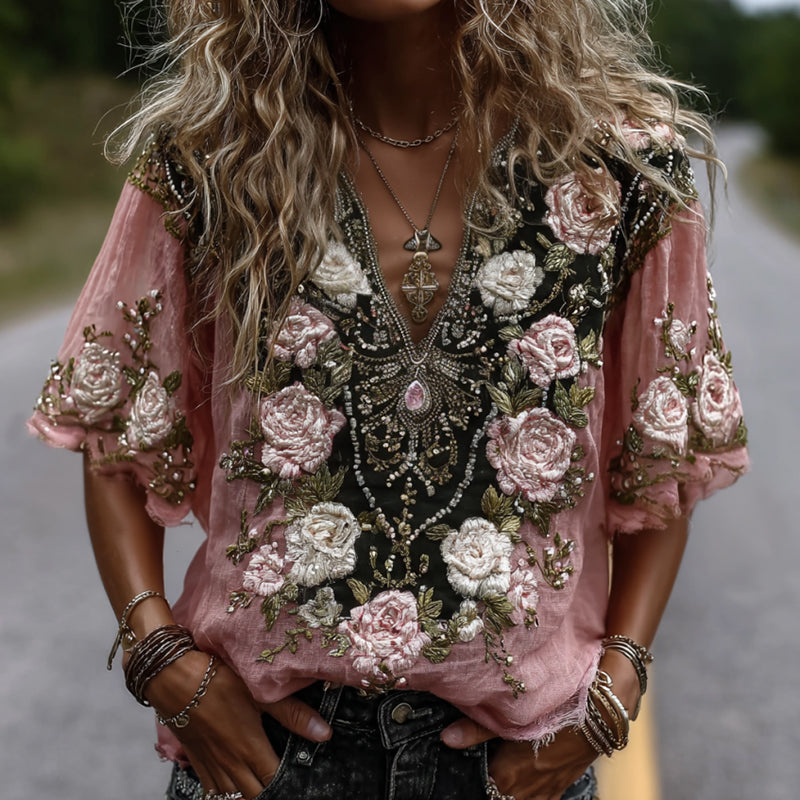 Women's Classic Romantic Pink Rose Embroidery Art Comfy Linen Shirts elevenforest