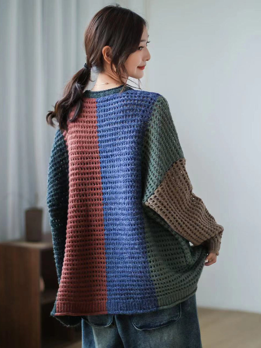 Plaid Hollow Out Long Sleeve Pullover Sweater