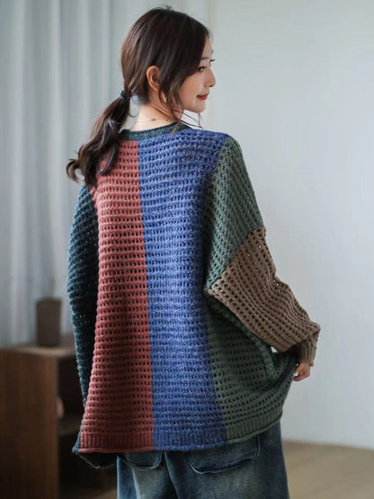 Plaid Hollow Out Long Sleeve Pullover Sweater