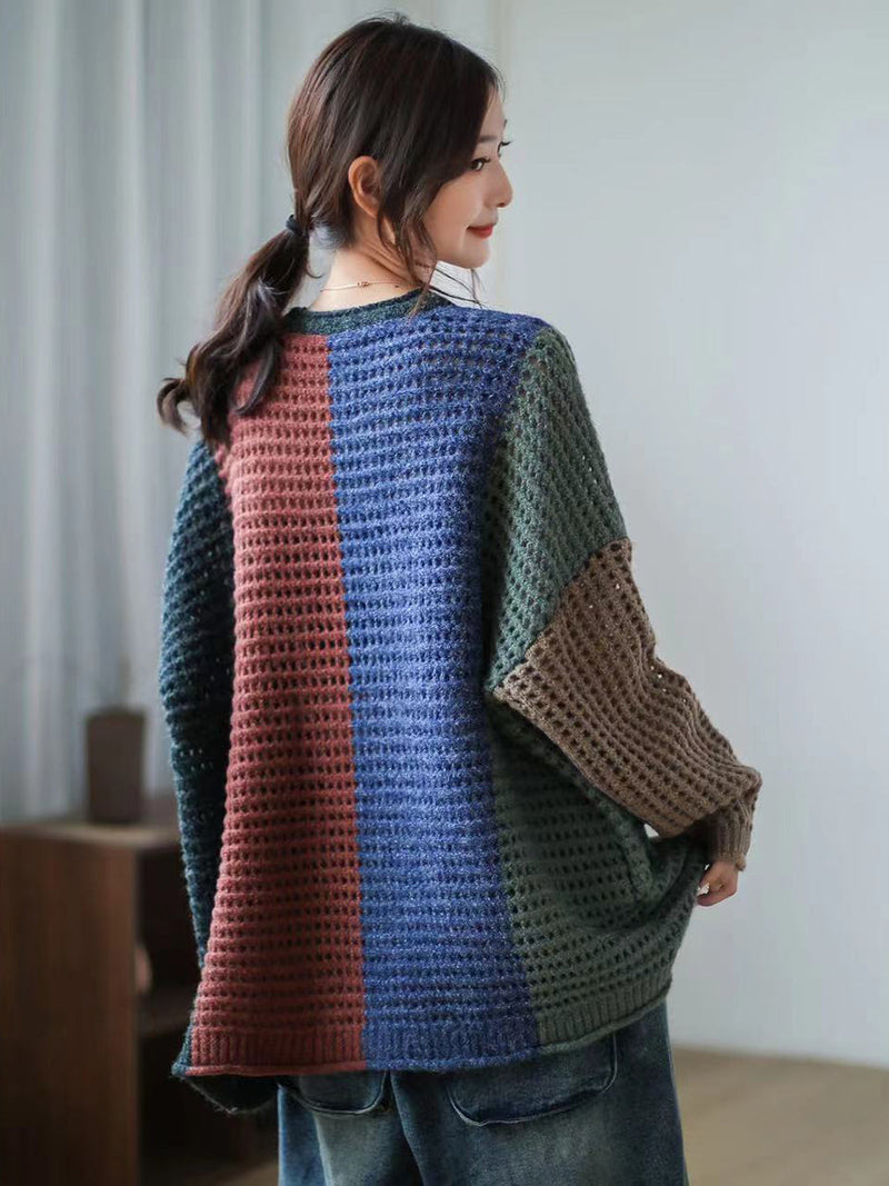Plaid Hollow Out Long Sleeve Pullover Sweater