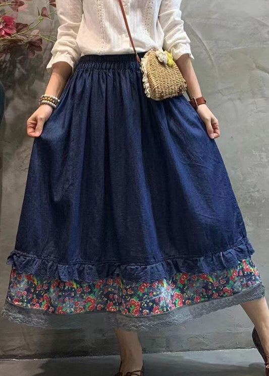 Dark Blue Elastic Waist Lace Patchwork Skirt Spring