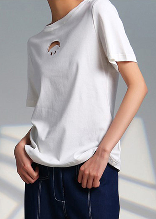 White O Neck Hollow Out Cotton T Shirts Summer
