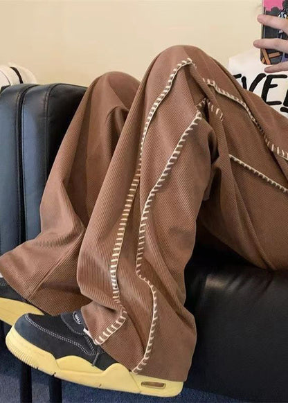 New Brown Pockets Elastic Waist Warm Fleece Corduroy Pants Spring