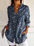 Women's Vintage Floral Art Print Casual Cotton Shirt