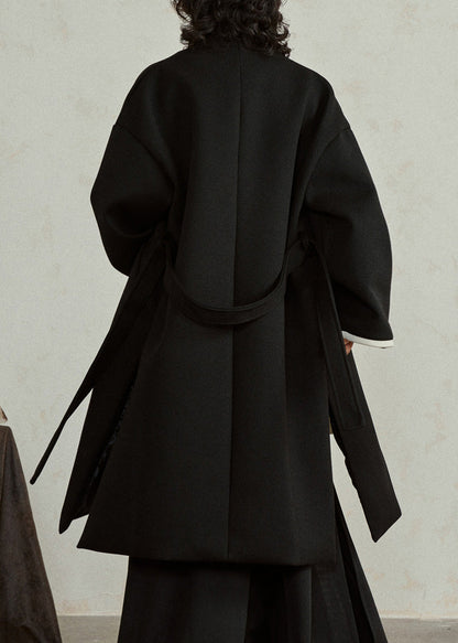 Chinese Style Black Embroidered Tie Waist Woolen Maxi Coats Fall