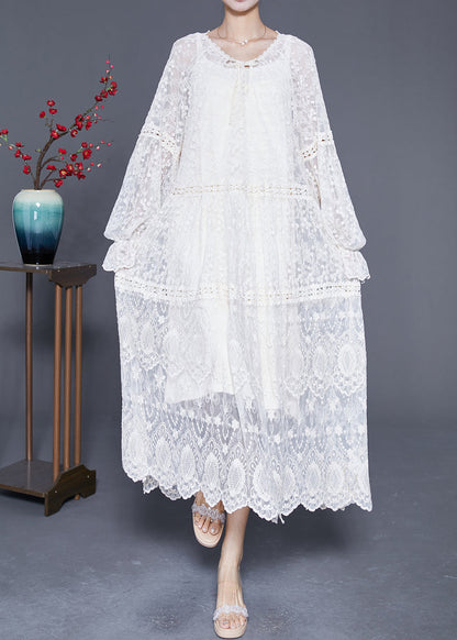 Beige Embroidered Patchwork Hollow Out Lace Maxi Dress Lantern Sleeve