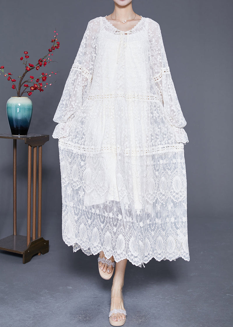 Beige Embroidered Patchwork Hollow Out Lace Maxi Dress Lantern Sleeve