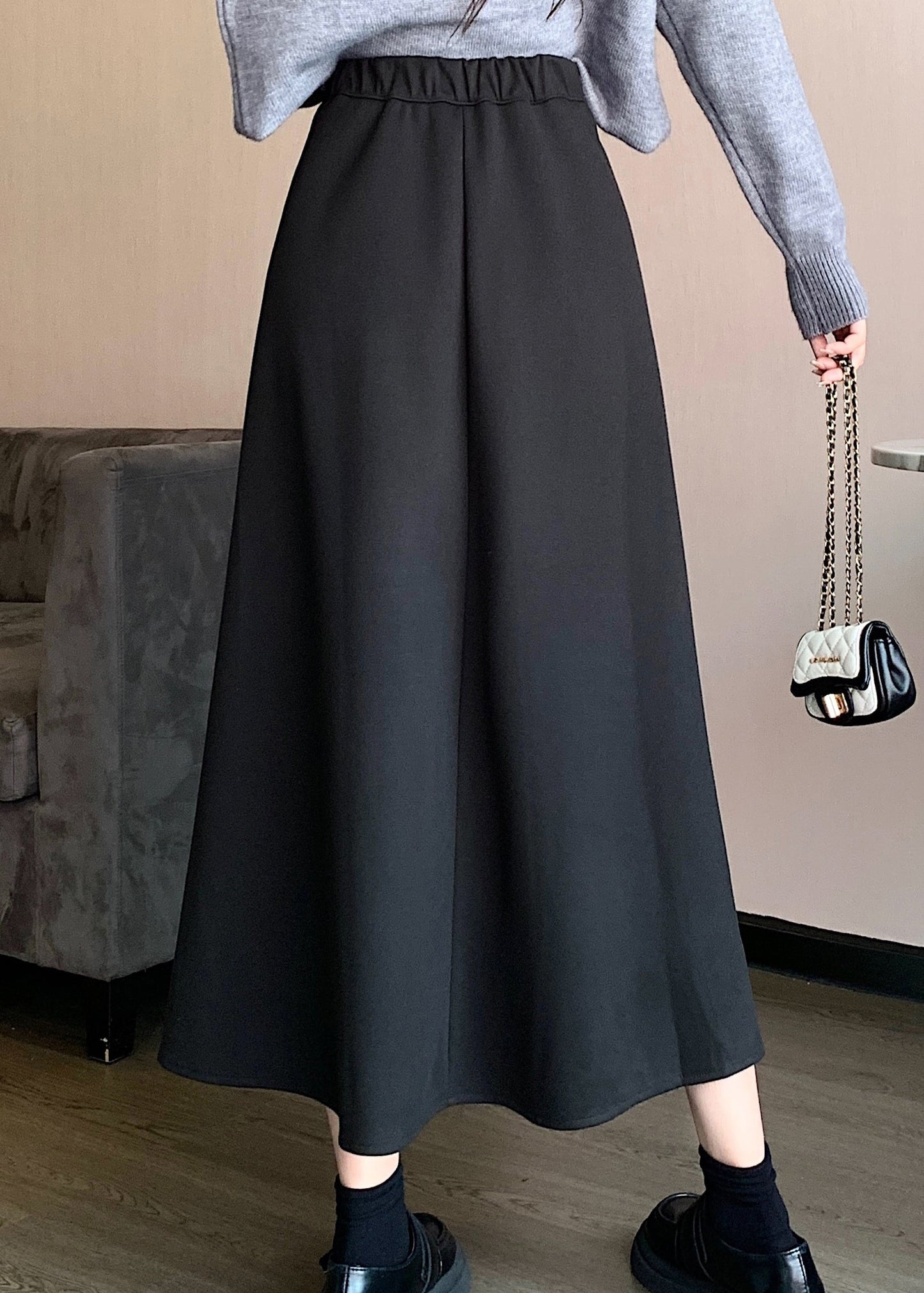 Simple Black Wrinkled High Waist Skirts Spring