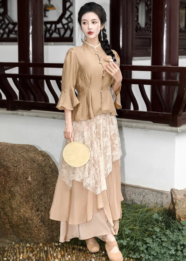Khaki Ruffled Lace Patchwork Tops and Skirts Chiffon Two Pieces Set Summer