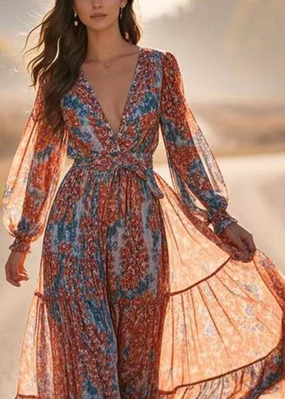 Blue V Neck Patchwork Chiffon Long Dress Lantern Sleeve