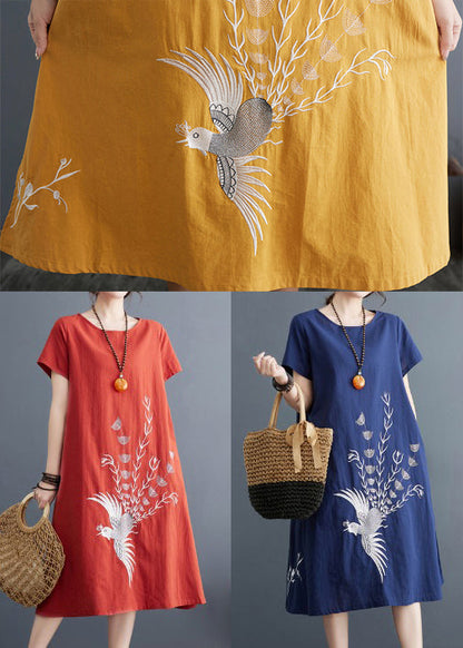 Boutique Navy Phoenix Embroidered Linen Dress Summer