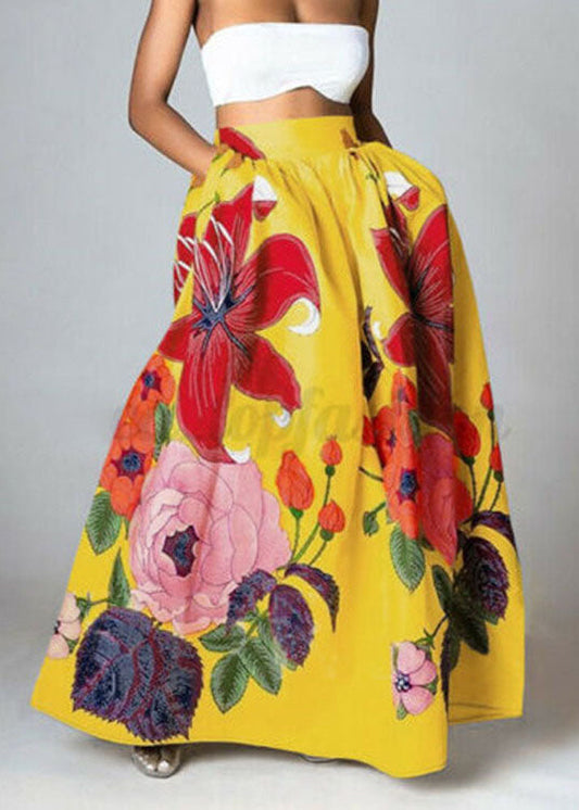 Yellow Elastic Waist Pockets Print Cotton Skirts Summer