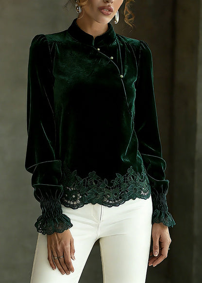 Blackish Green Hollow Out Shirts Lantern Sleeve