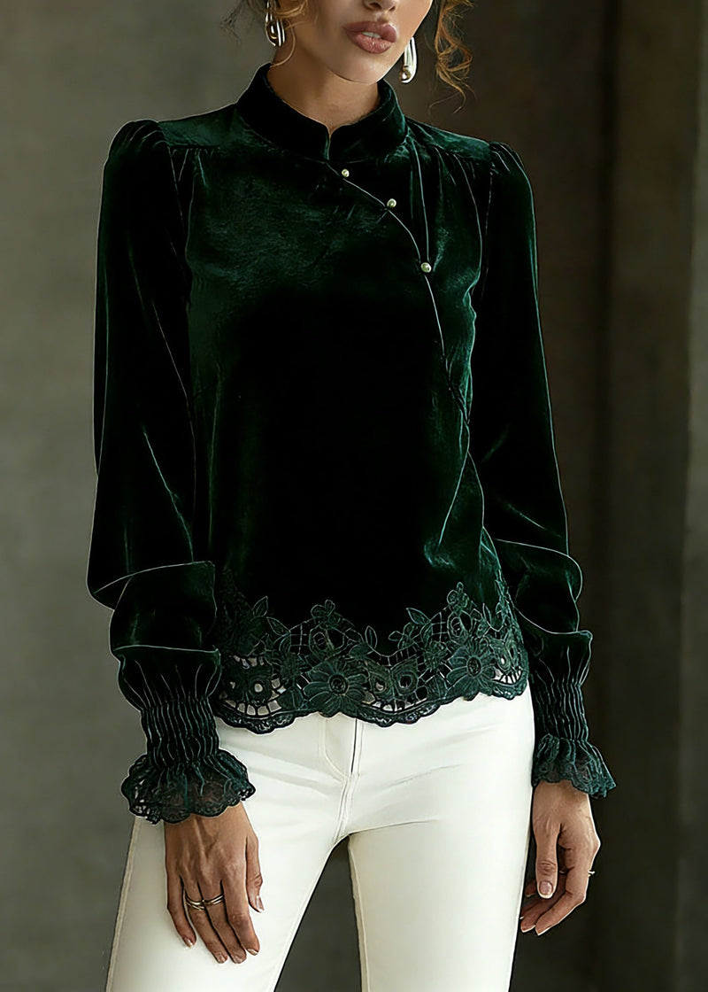 Blackish Green Hollow Out Shirts Lantern Sleeve