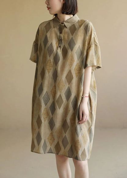 Diy Khaki Peter Pan Collar Print Cozy Mid Dress Short Sleeve