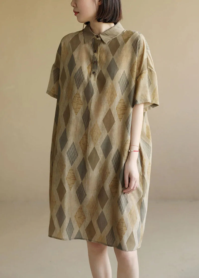 Diy Khaki Peter Pan Collar Print Cozy Mid Dress Short Sleeve