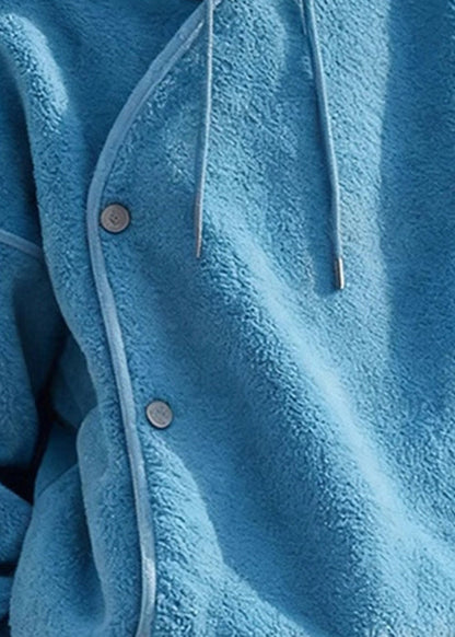 Simple Blue Hooded Cozy Fluffy Sweatshirts Winter
