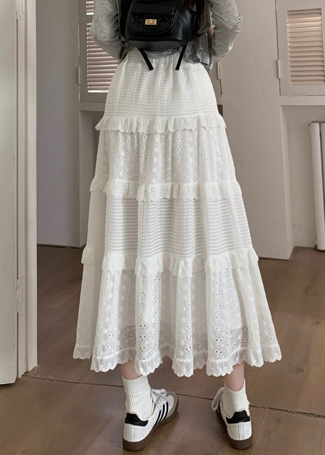 White Ruffled Hollow Out Cotton Skirts Summer