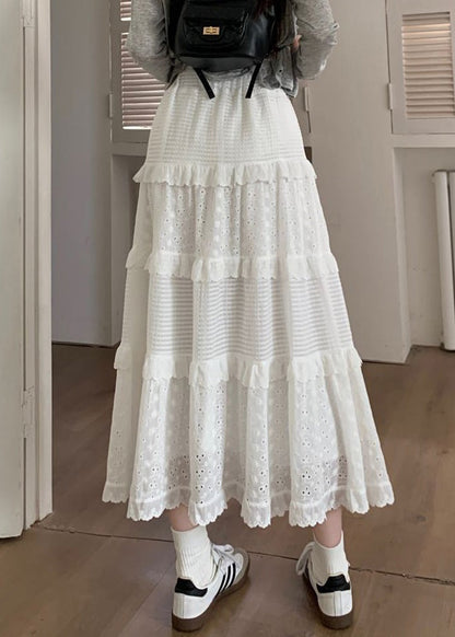 White Ruffled Hollow Out Cotton Skirts Summer