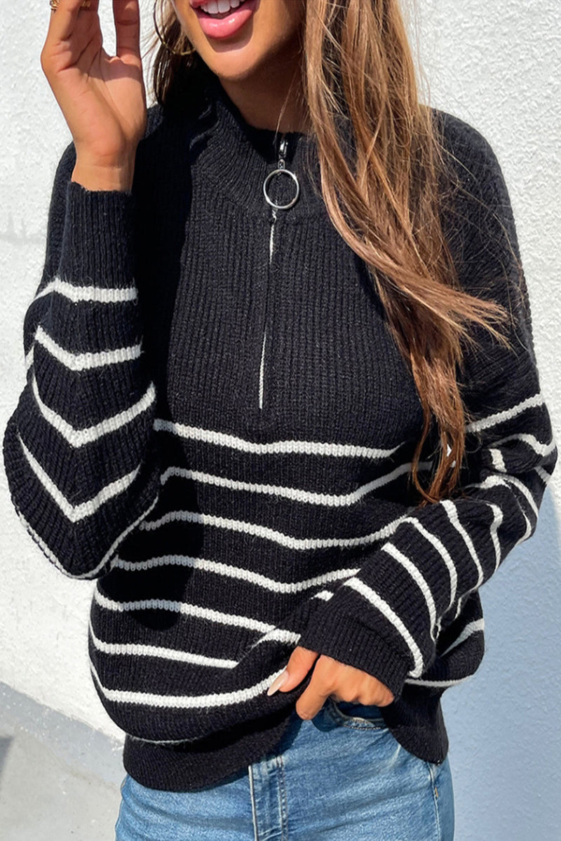 Striped Zipper Contrast Sweater